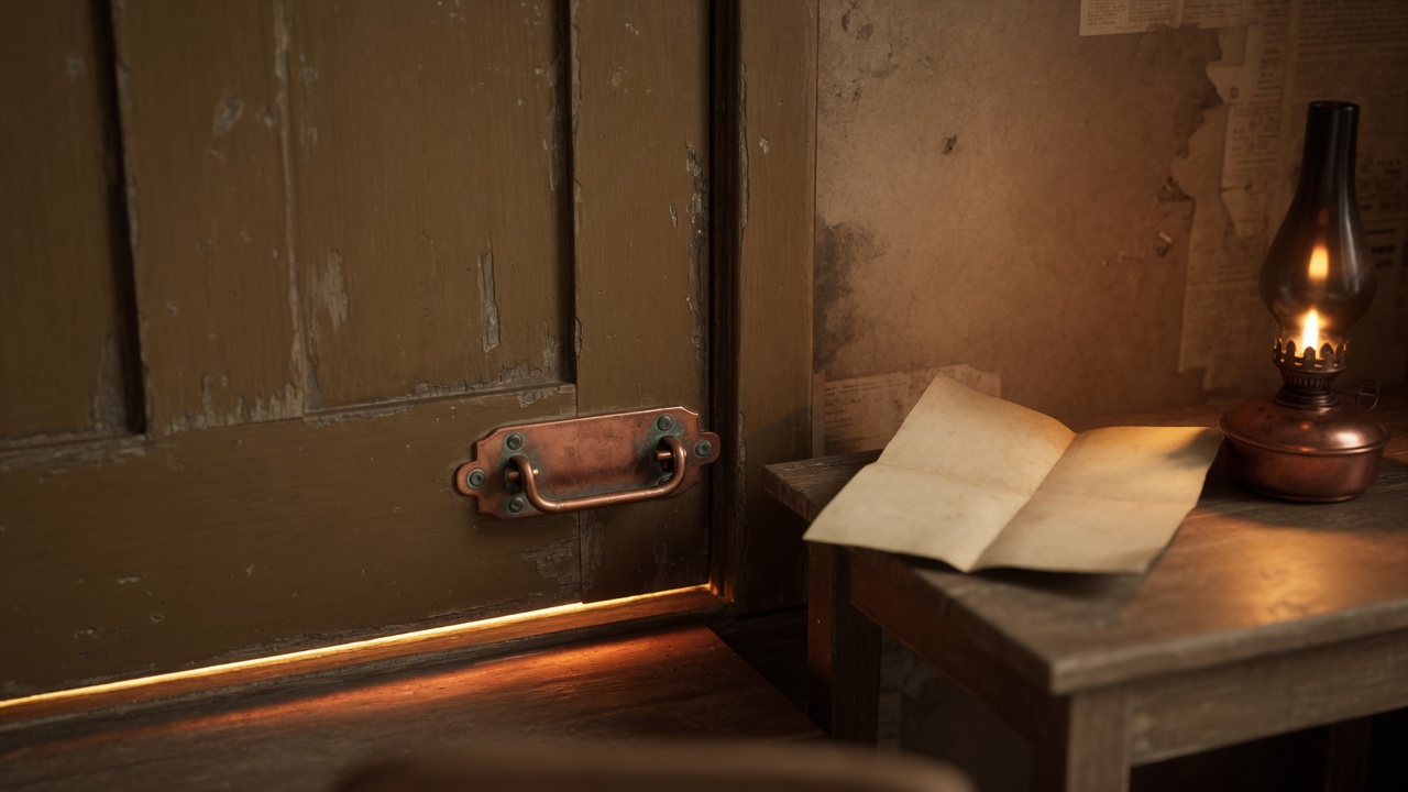 A worn wooden door with a copper latch, lamplight, and a folded letter on a table.